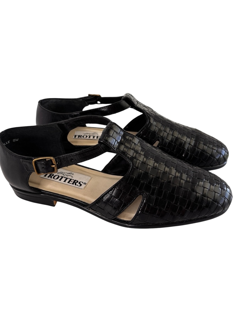 Trotters Leatha T-Strap Flats Womens Shoe Size 8 Wide Black Leather Open Weave